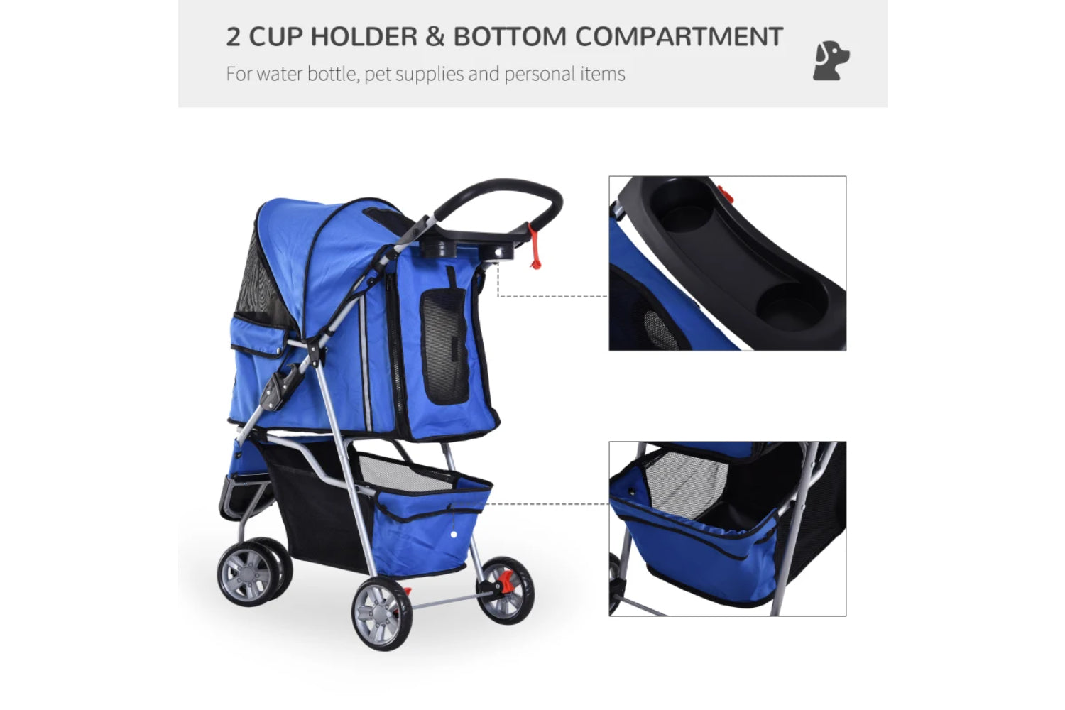 PawHut Foldable Cat Stroller Pram Pushchair | Blue/Silver-2