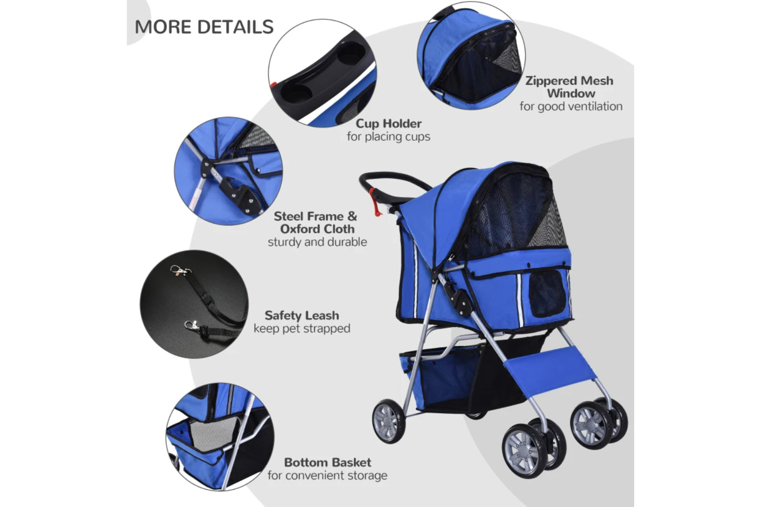 PawHut Foldable Cat Stroller Pram Pushchair | Blue/Silver-2