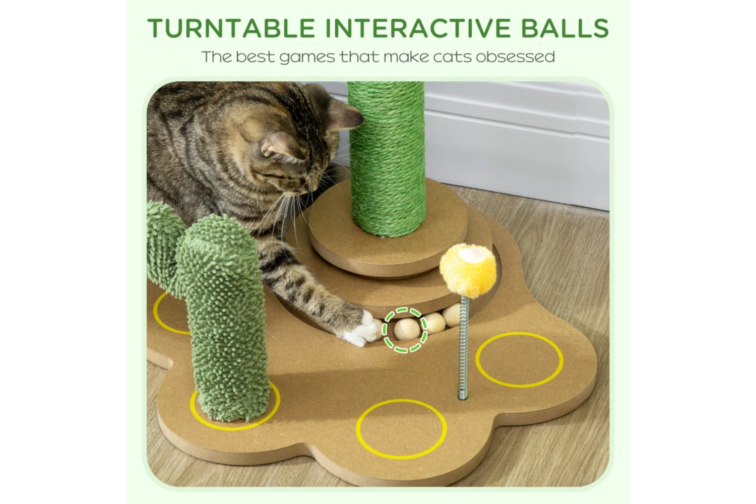 PawHut 60cm Cactus-Shaped Cat Tree | Green/Light Brown-3