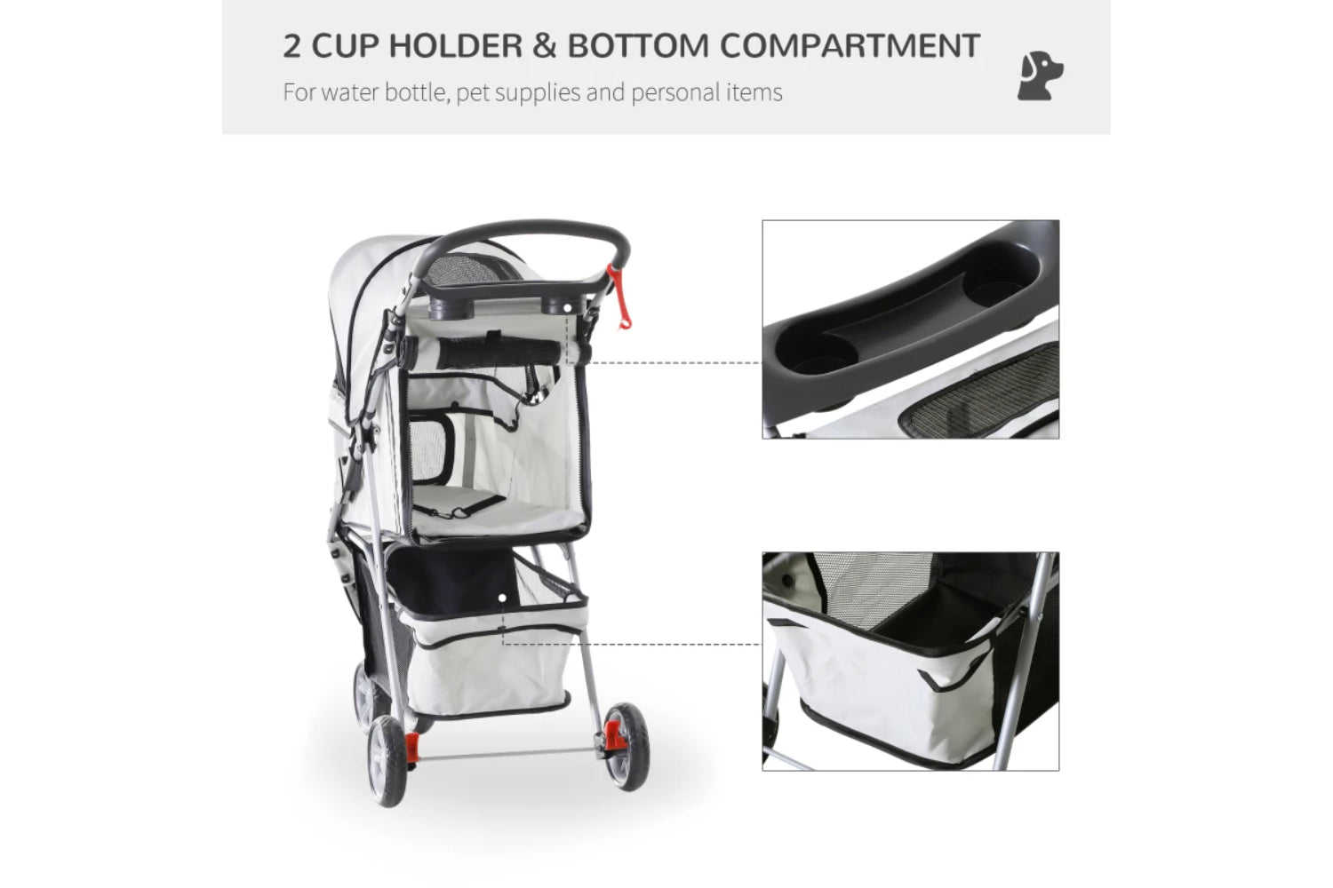 PawHut Foldable Cat Stroller Pram Pushchair | Grey/Silver-2