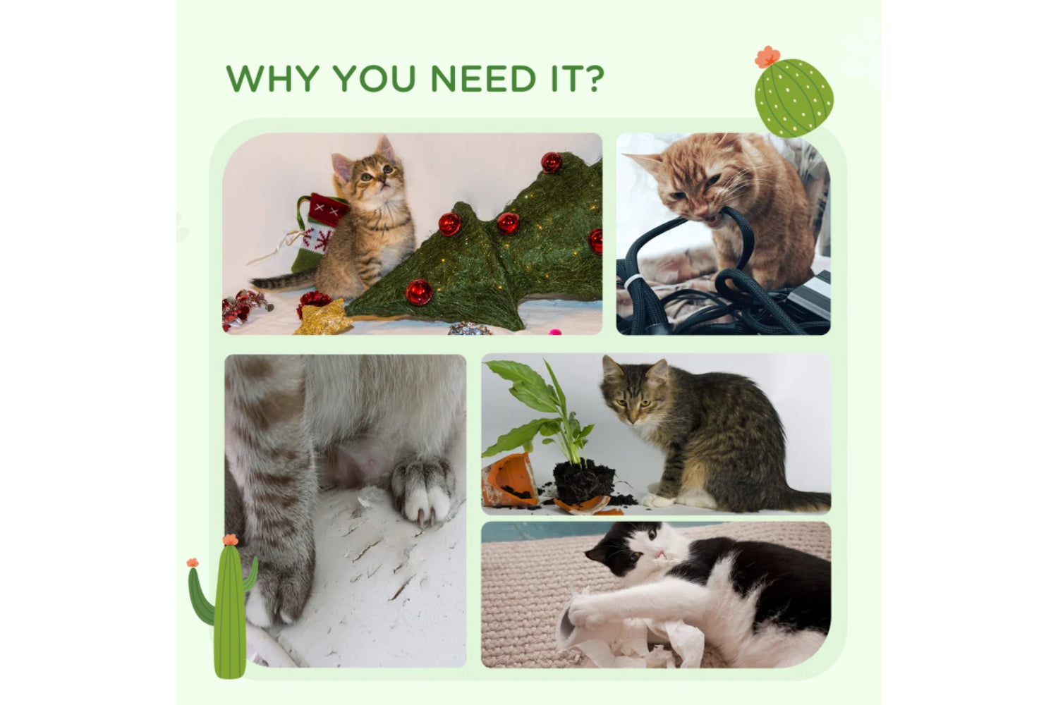 PawHut 60cm Cactus-Shaped Cat Tree | Green/Light Brown-4
