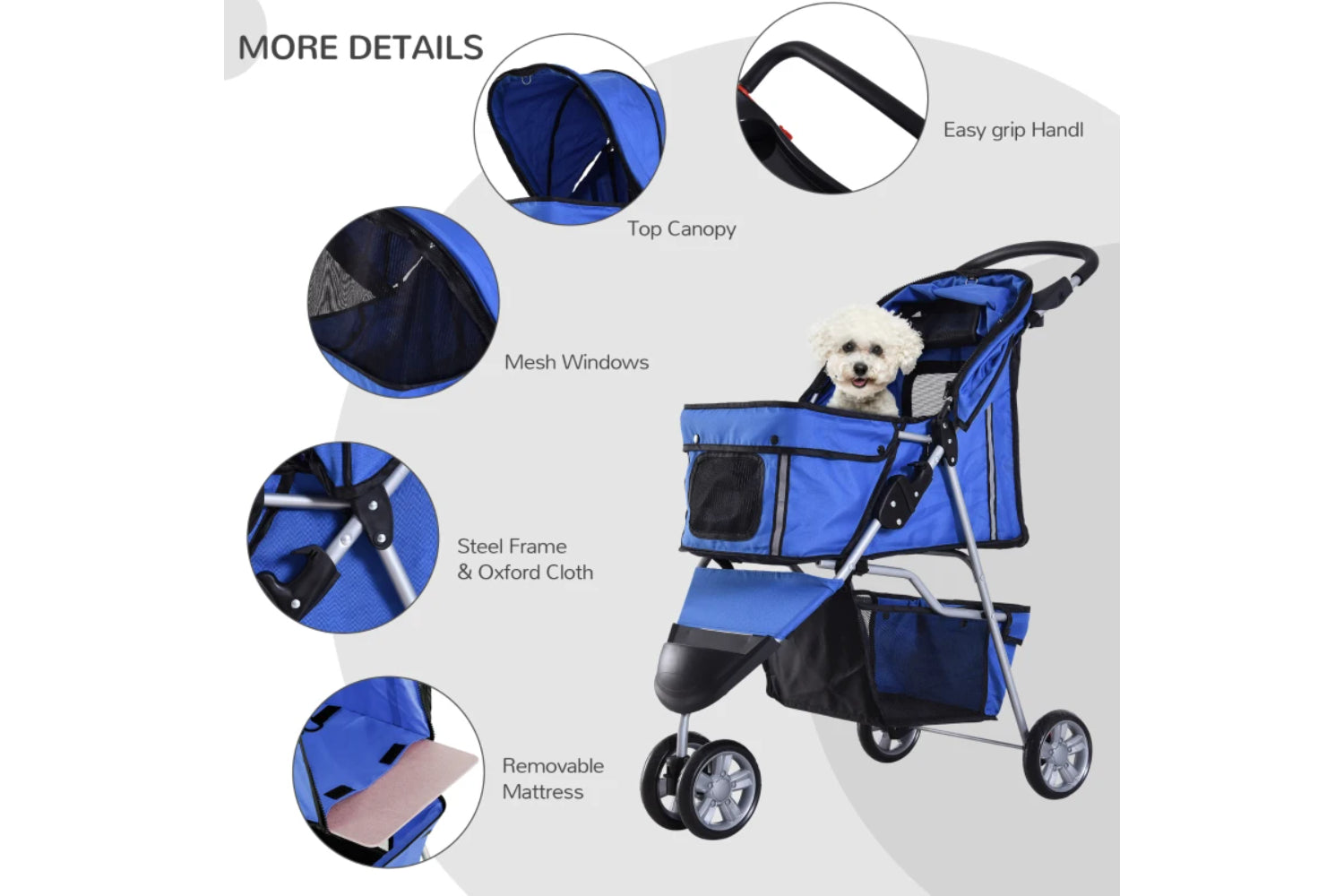 PawHut Foldable Cat Stroller Pram Pushchair | Blue/Silver-3