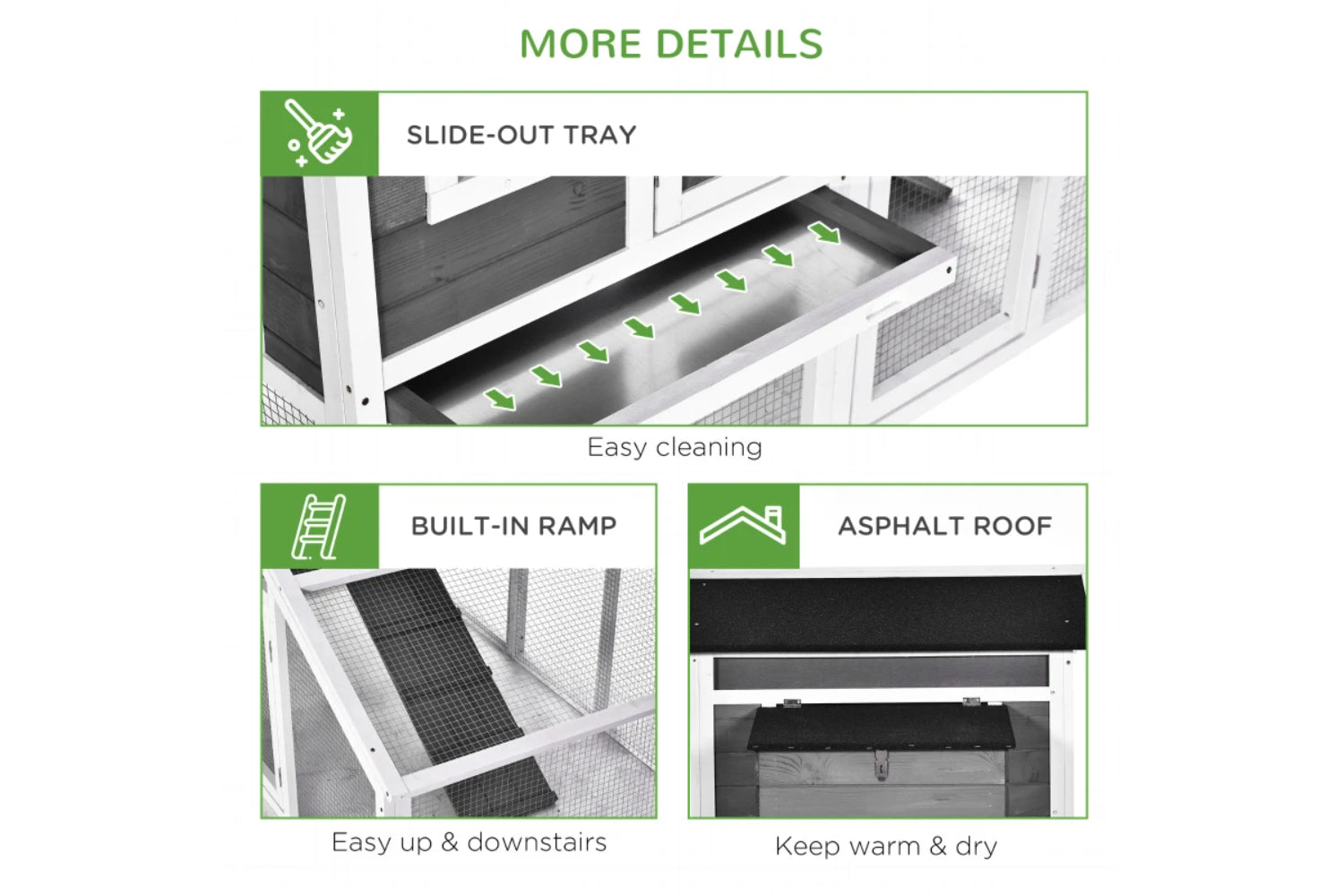 PawHut Wooden Chicken Coop Poultry House | Grey/White-3