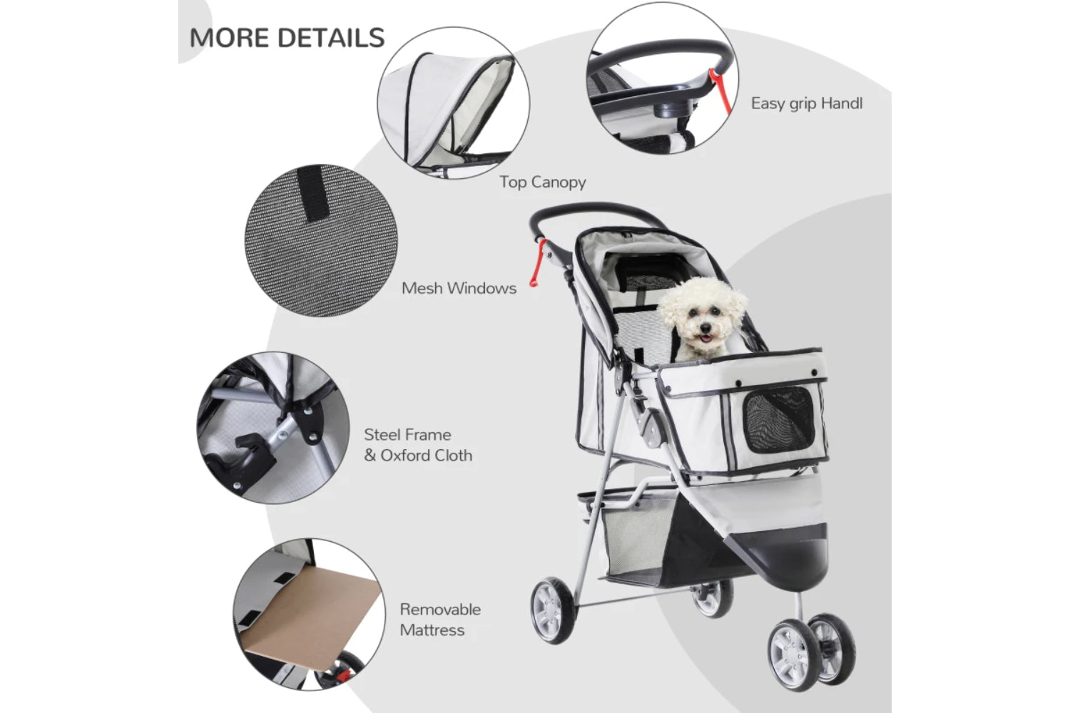 PawHut Foldable Cat Stroller Pram Pushchair | Grey/Silver-3
