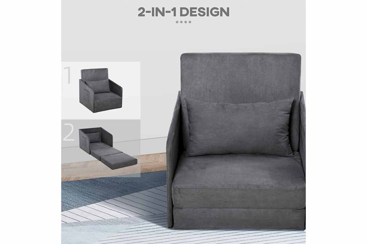 Homcom Faux Suede Single Sofa Bed with Pillow | Grey-3