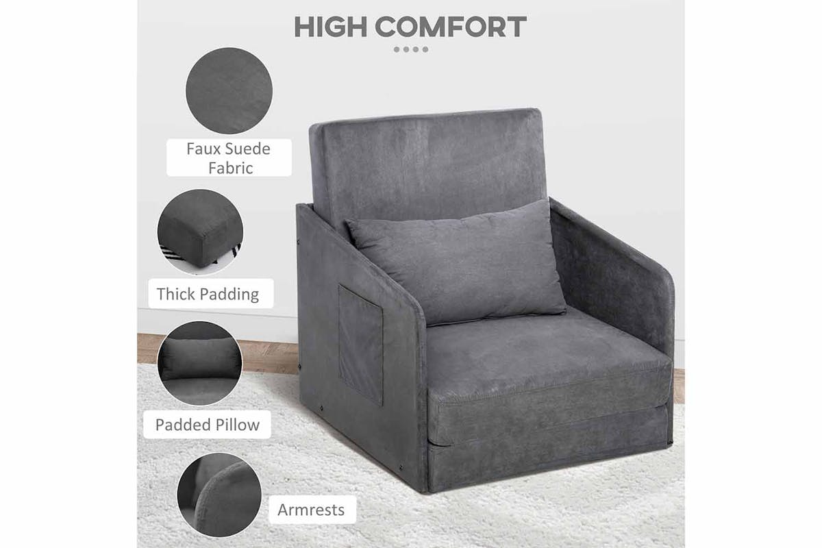 Homcom Faux Suede Single Sofa Bed with Pillow | Grey-4