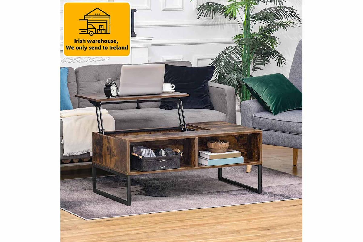 Homcom Lift Top Coffee Table with 2 Storage Drawer | Rustic Brown-2