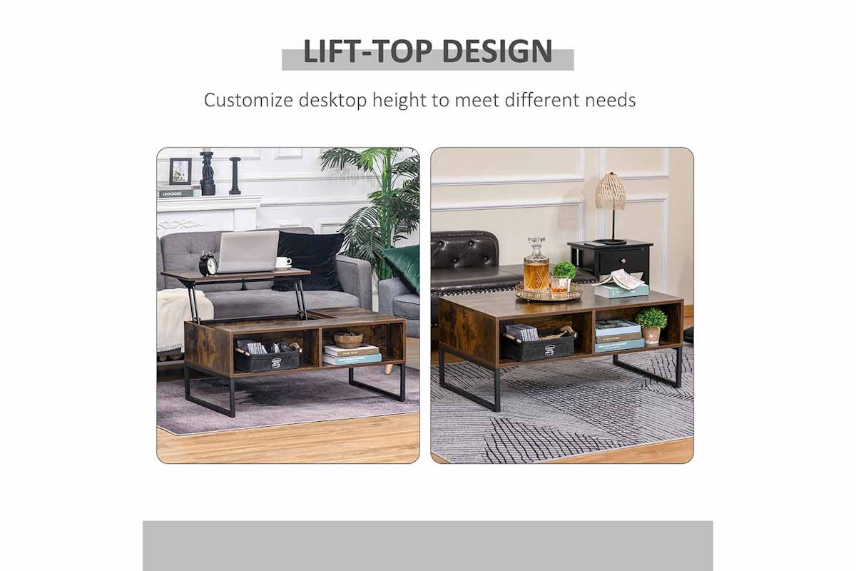 Homcom Lift Top Coffee Table with 2 Storage Drawer | Rustic Brown-3