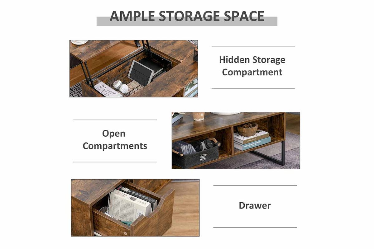 Homcom Lift Top Coffee Table with 2 Storage Drawer | Rustic Brown-4
