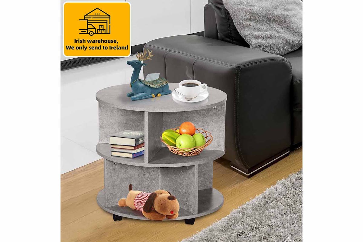 Homcom 2-Tier Round Coffee Table with Wheels & Storage | Cement-2