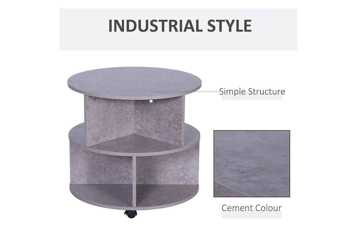 Homcom 2-Tier Round Coffee Table with Wheels & Storage | Cement-3