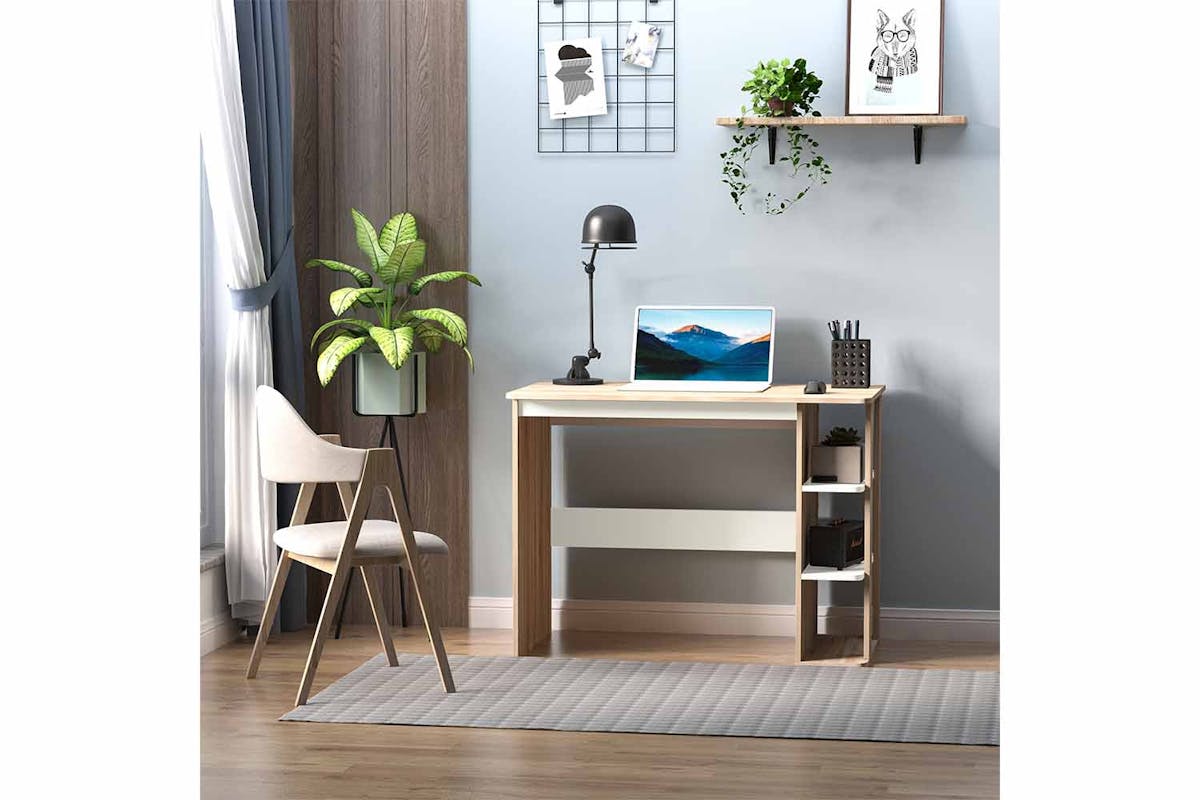 Homcom Computer Desk with 3-Tier Storage Shelf | Natural/White-2