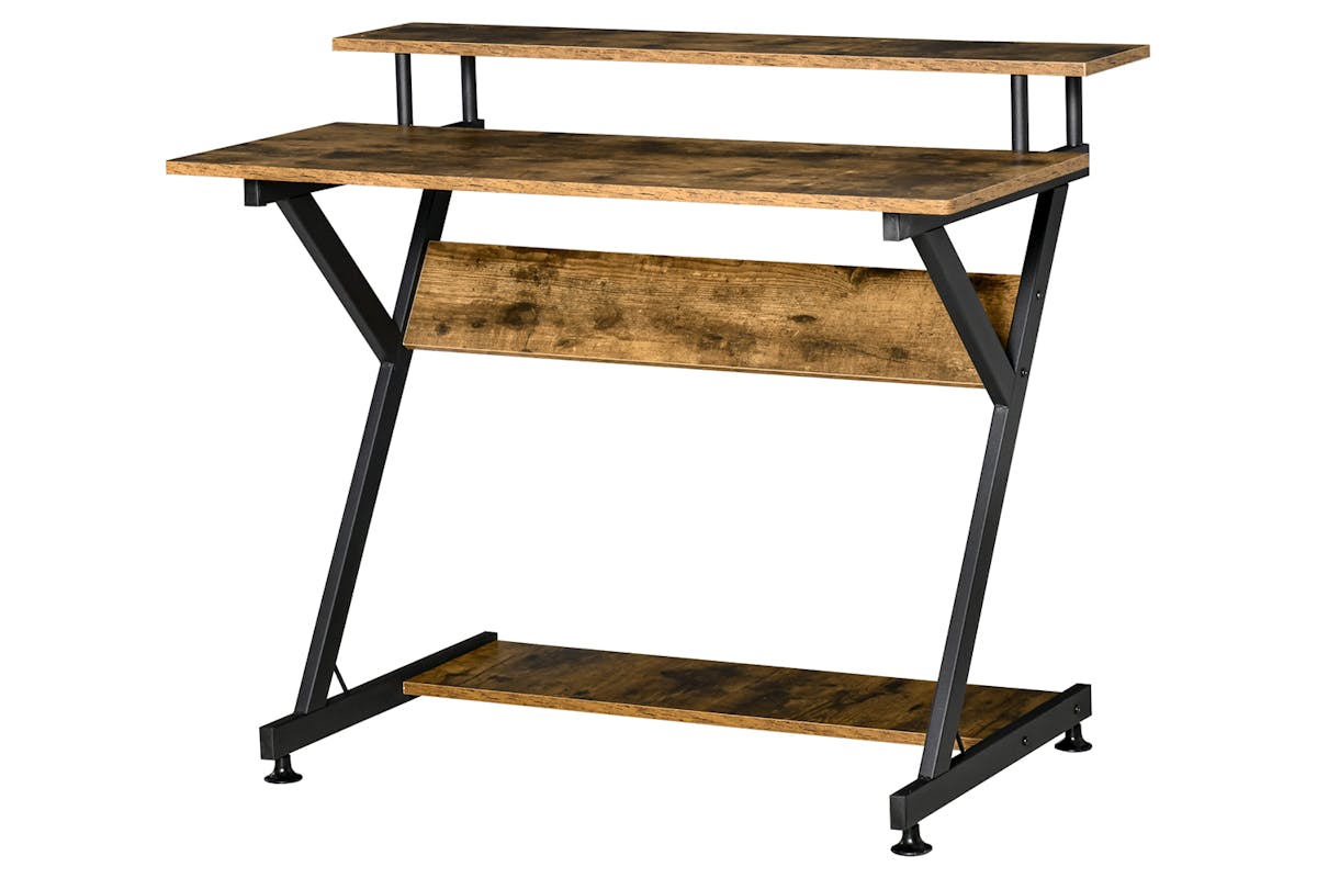 Homcom Z-Shape Compact Computer Table with Monitor Shelf | Rustic Brown/Black