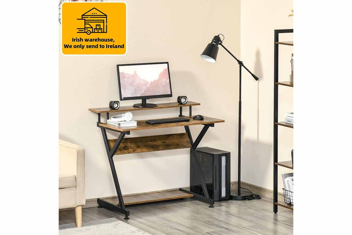 Homcom Z-Shape Compact Computer Table with Monitor Shelf | Rustic Brown/Black-2