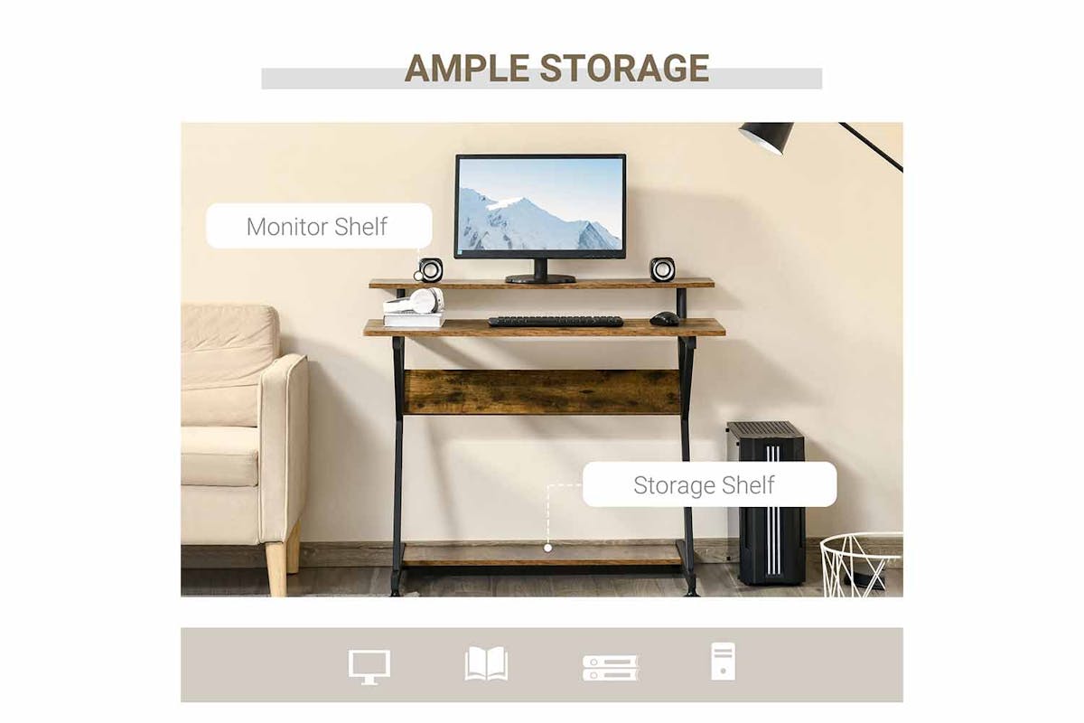 Homcom Z-Shape Compact Computer Table with Monitor Shelf | Rustic Brown/Black-3