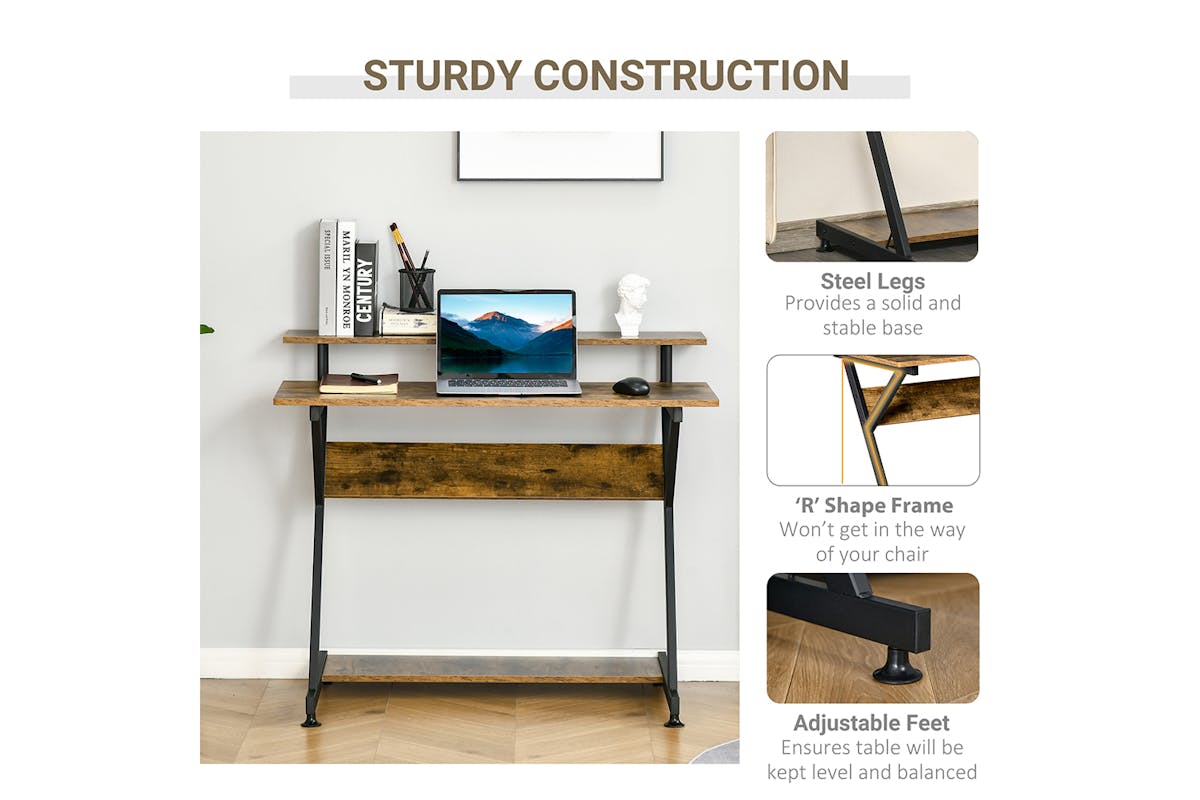 Homcom Z-Shape Compact Computer Table with Monitor Shelf | Rustic Brown/Black-4