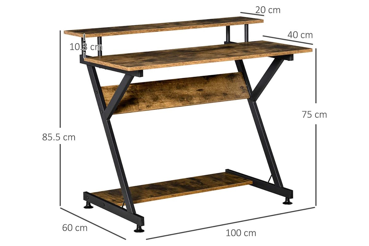 Homcom Z-Shape Compact Computer Table with Monitor Shelf | Rustic Brown/Black-6