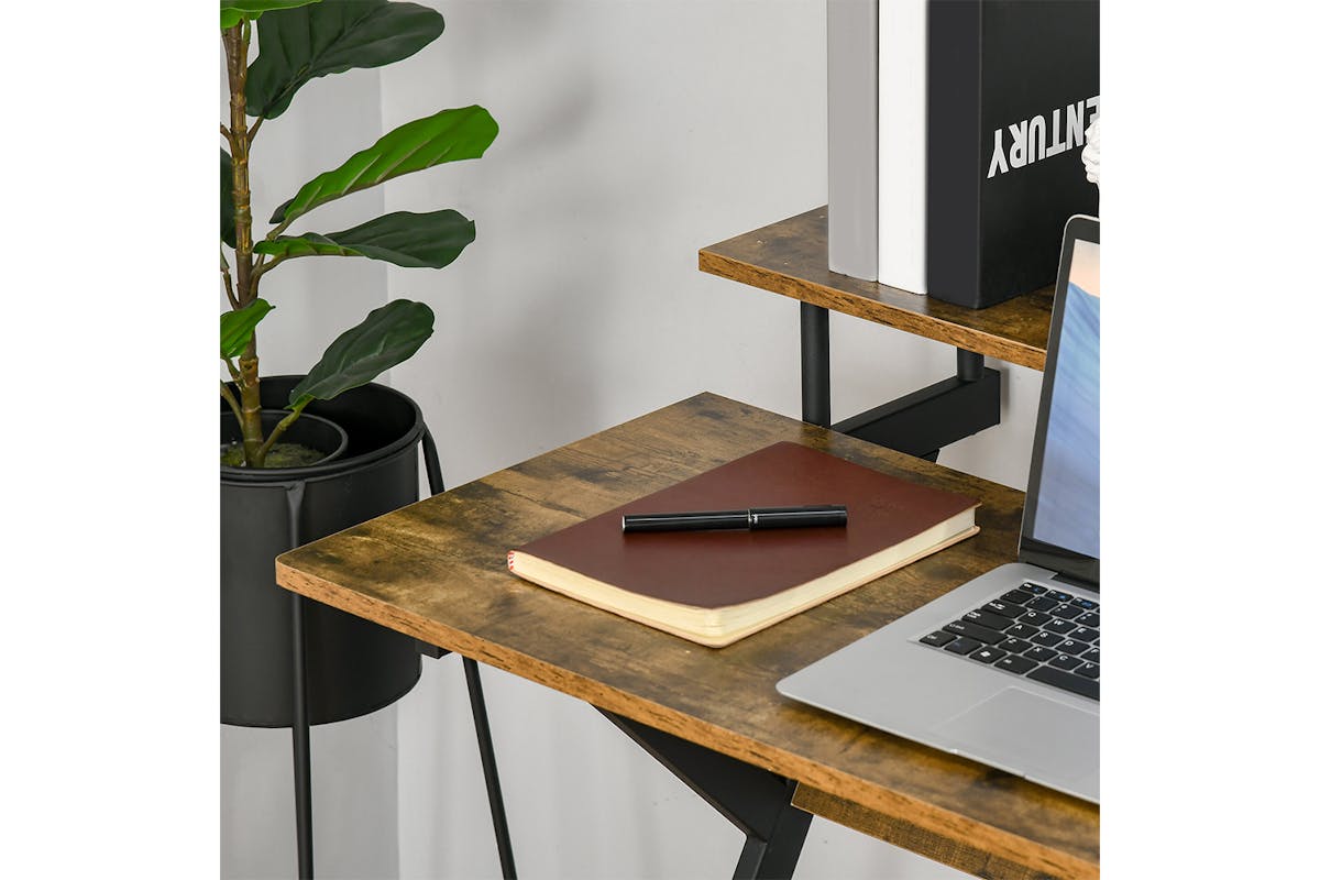 Homcom Z-Shape Compact Computer Table with Monitor Shelf | Rustic Brown/Black-5