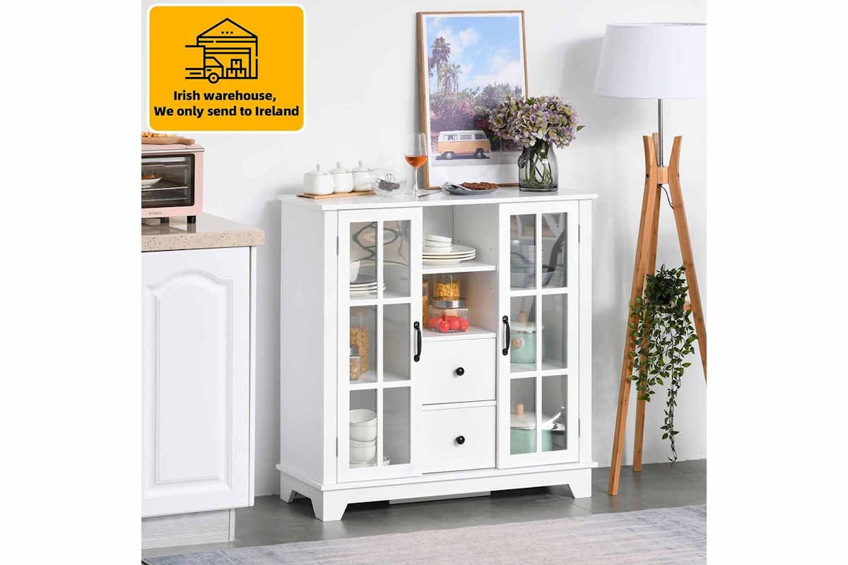 Homcom 2 Glass Doors Kitchen Cabinet | Storage | White-2