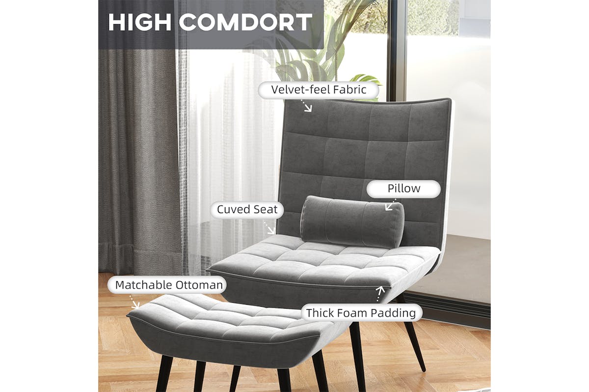 Homcom Armless Lounge Chair with Pillow | Footstool | Grey-3