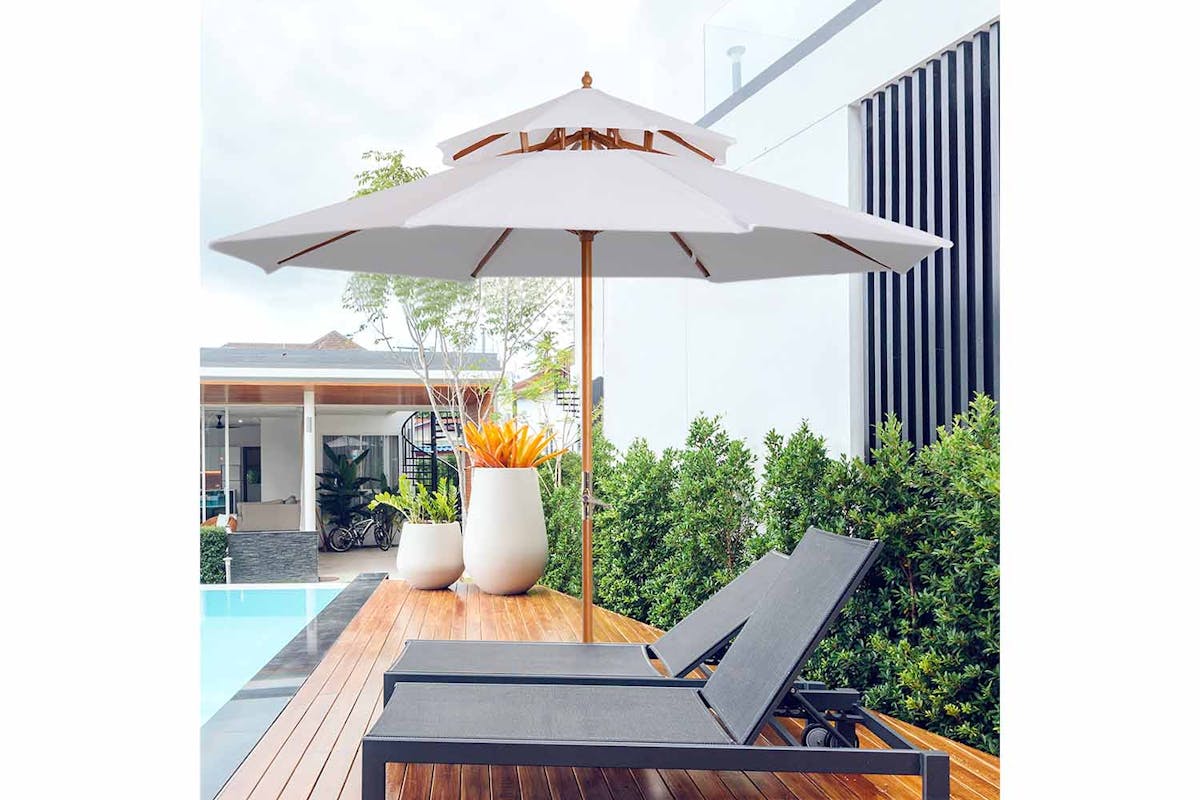 Outsunny 2.7m Double Tier Parasol Umbrella | Cream White/Teak-2
