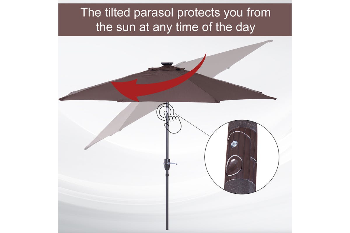 Outsunny 2.7m Solar Outdoor Tilt Sun Umbrella | Brown-4