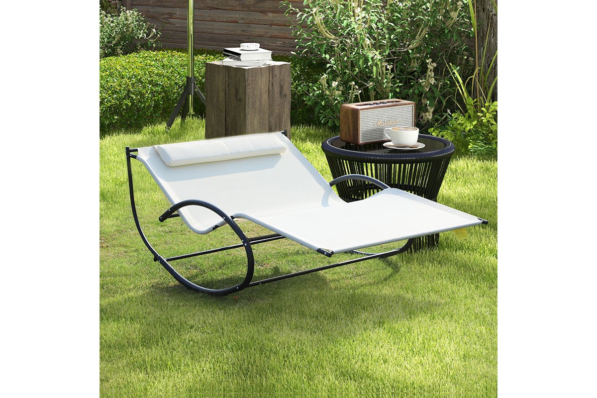 Outsunny Texteline Double Lounger with Pillow | Cream-2