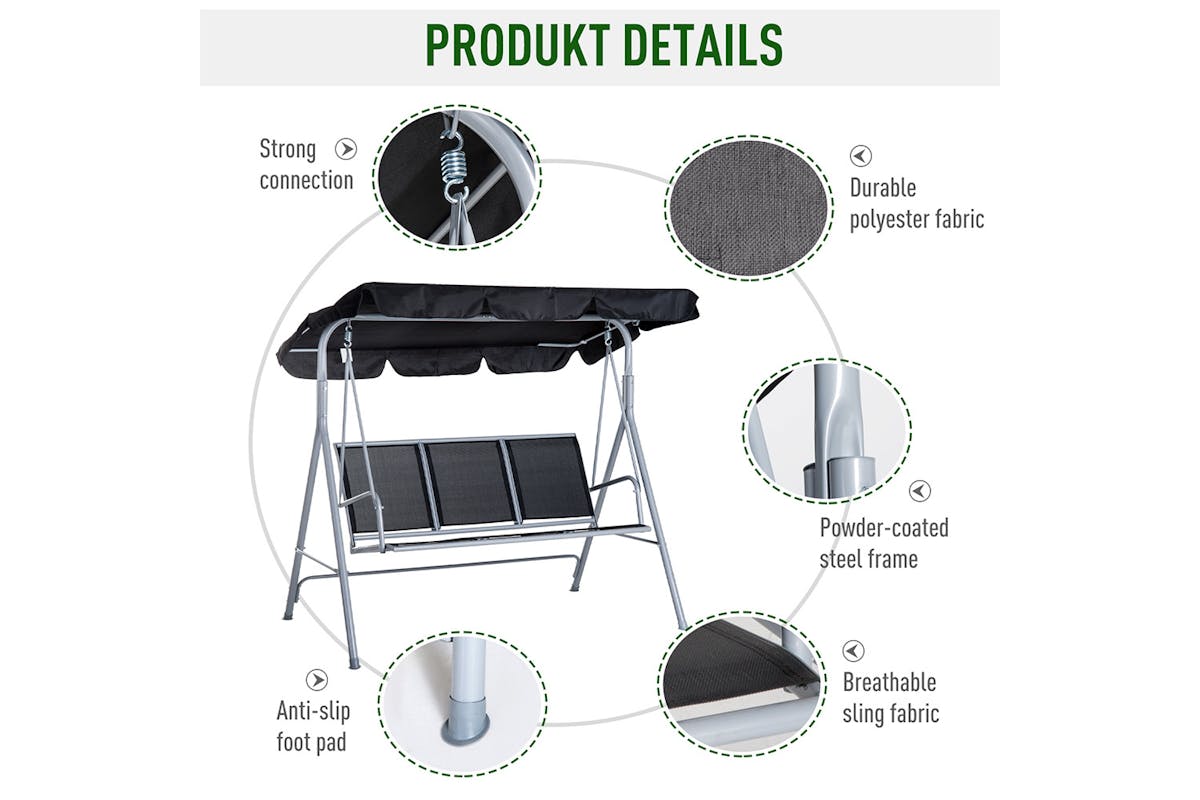 Outsunny 3 Seater Swing Chair | Black/Silver-4