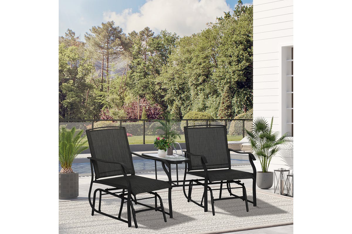 Outsunny Outdoor Glider Chair Set with Glass Top Table | Black-2