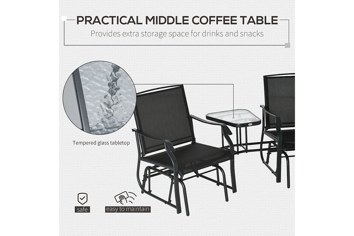 Outsunny Outdoor Glider Chair Set with Glass Top Table | Black-3