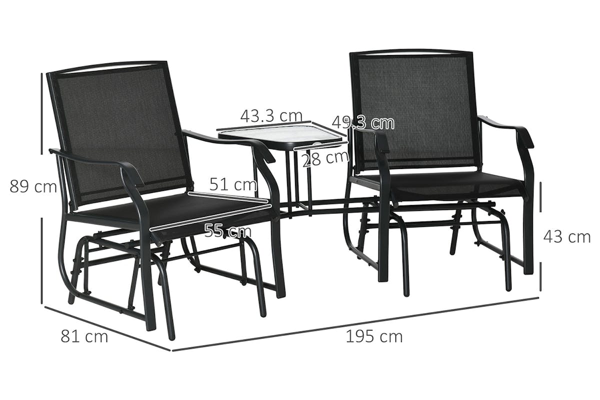 Outsunny Outdoor Glider Chair Set with Glass Top Table | Black-8