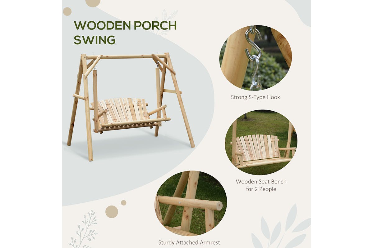 Outsunny 2 Seaters Porch Swing Rustic Patio Bench | Natural-3