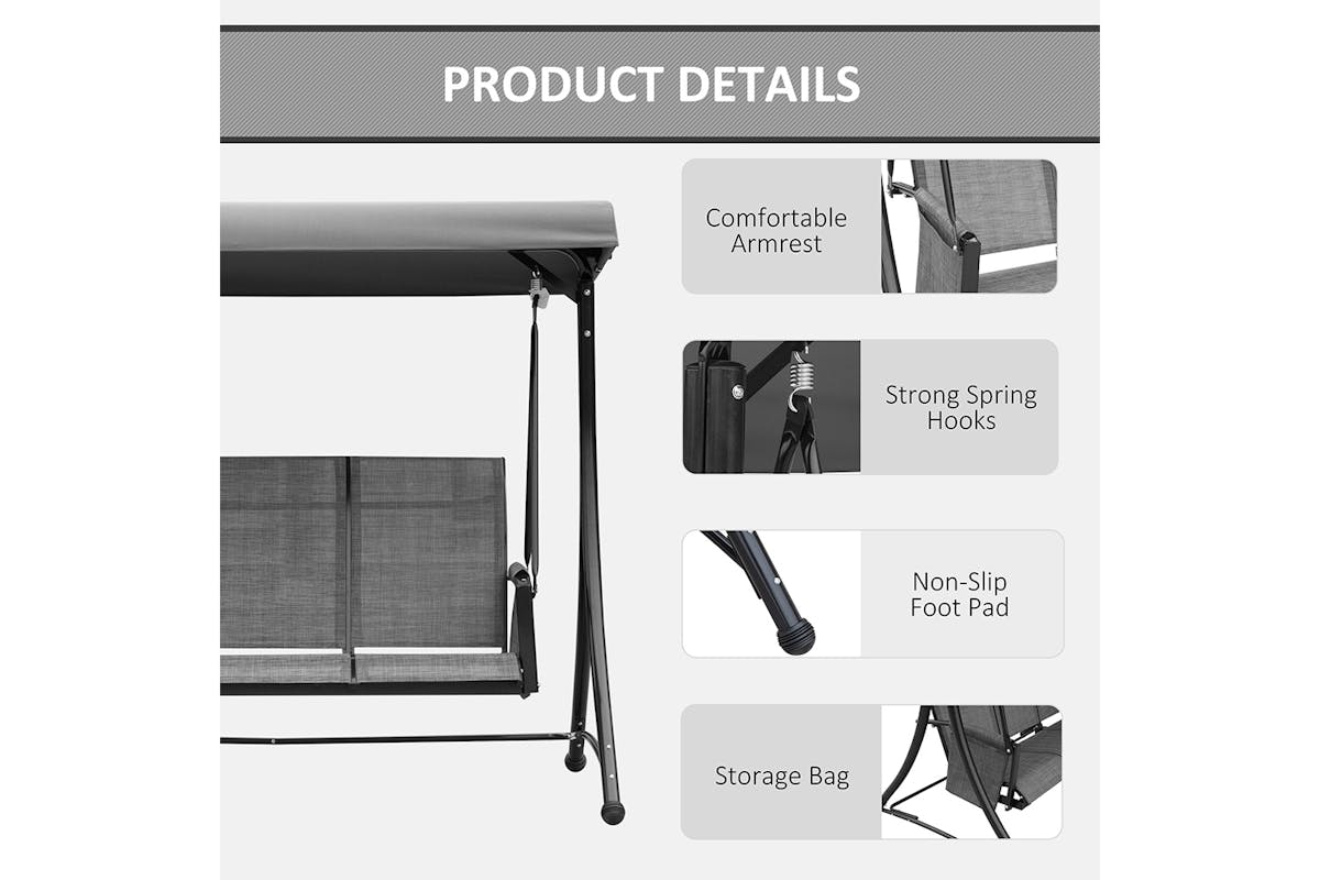 Outsunny 3 Person Steel Outdoor Swing Chair | Charcoal Grey/Black-6