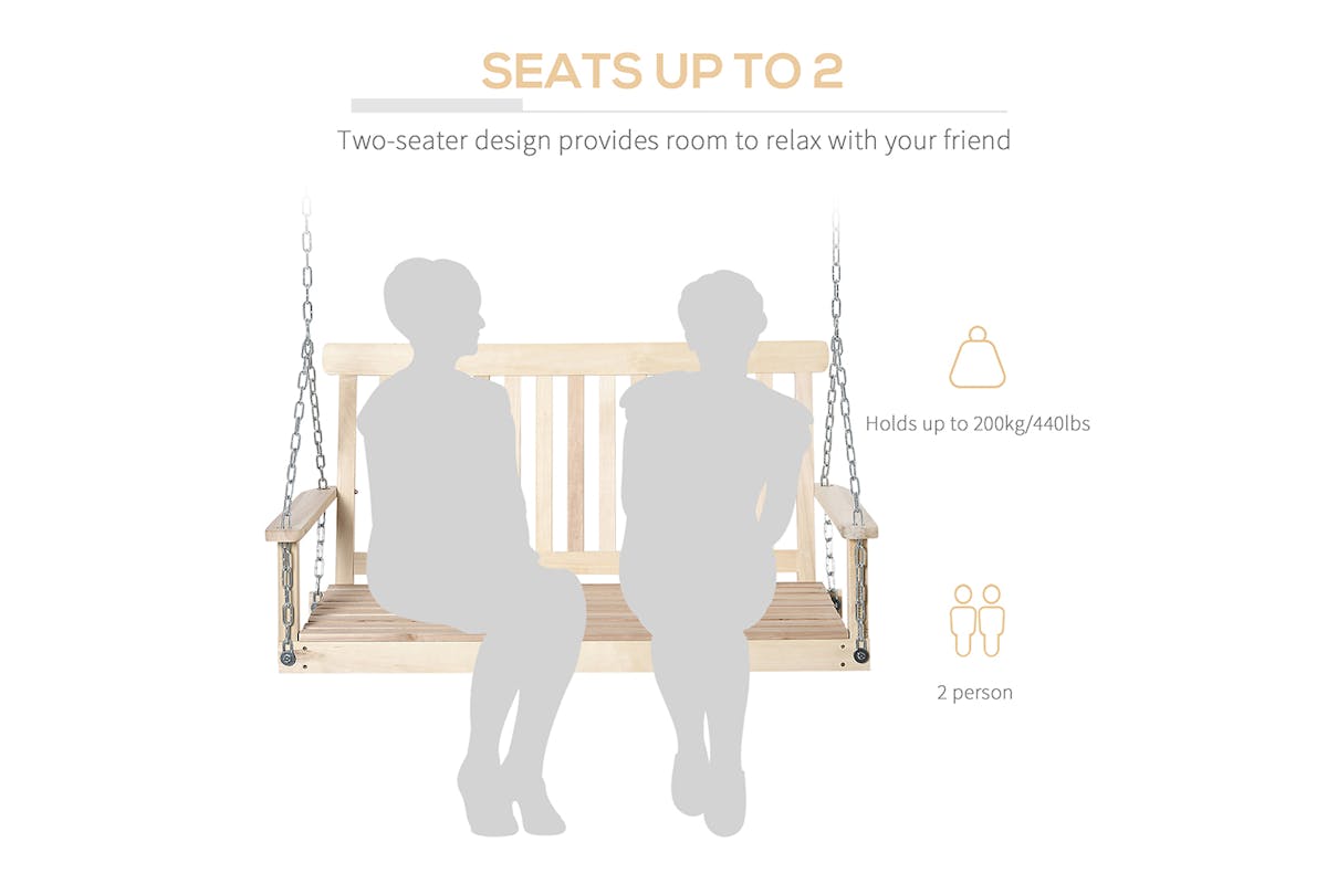 Outsunny Outdoor 2 Seater Wooden Swing Chair with Hanging Chain | Natural-3