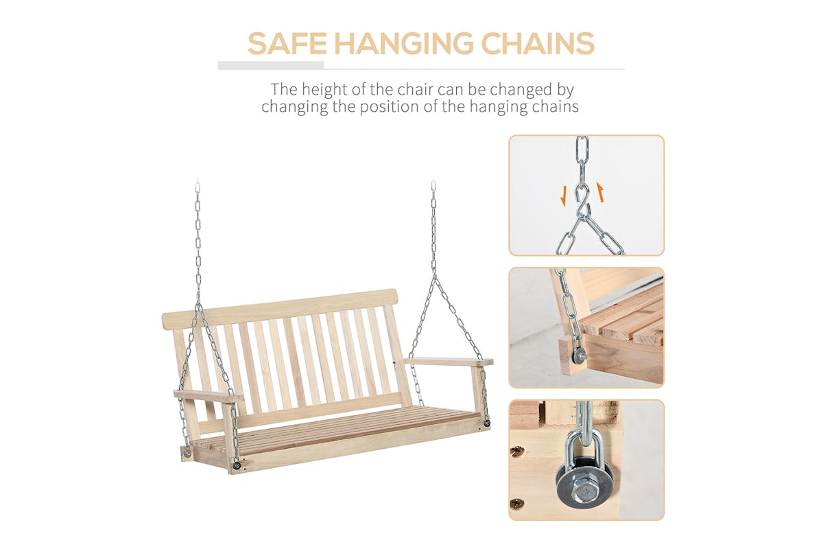 Outsunny Outdoor 2 Seater Wooden Swing Chair with Hanging Chain | Natural-4