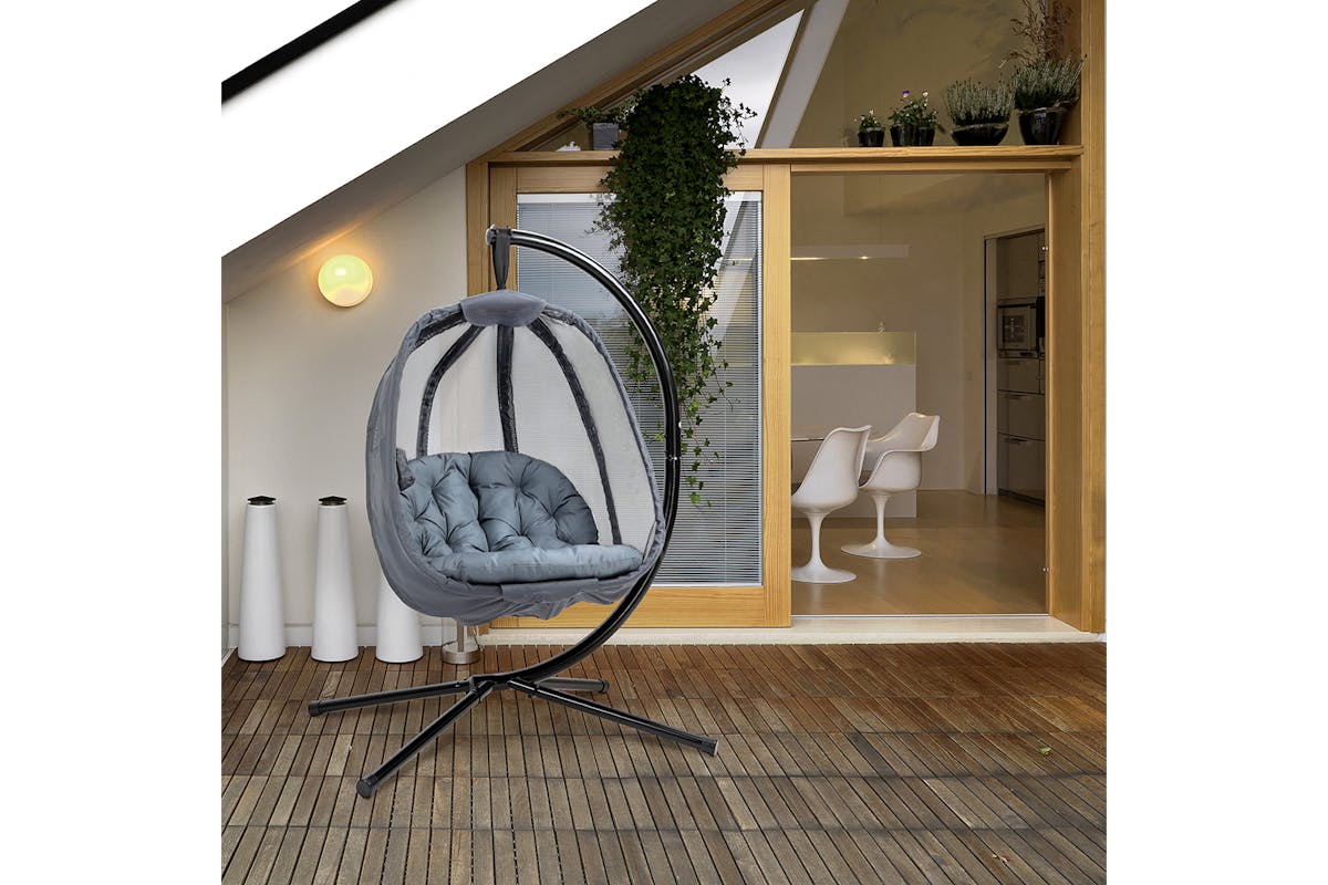 Outsunny Hanging Egg Chair with Cushion | Black/Grey-2