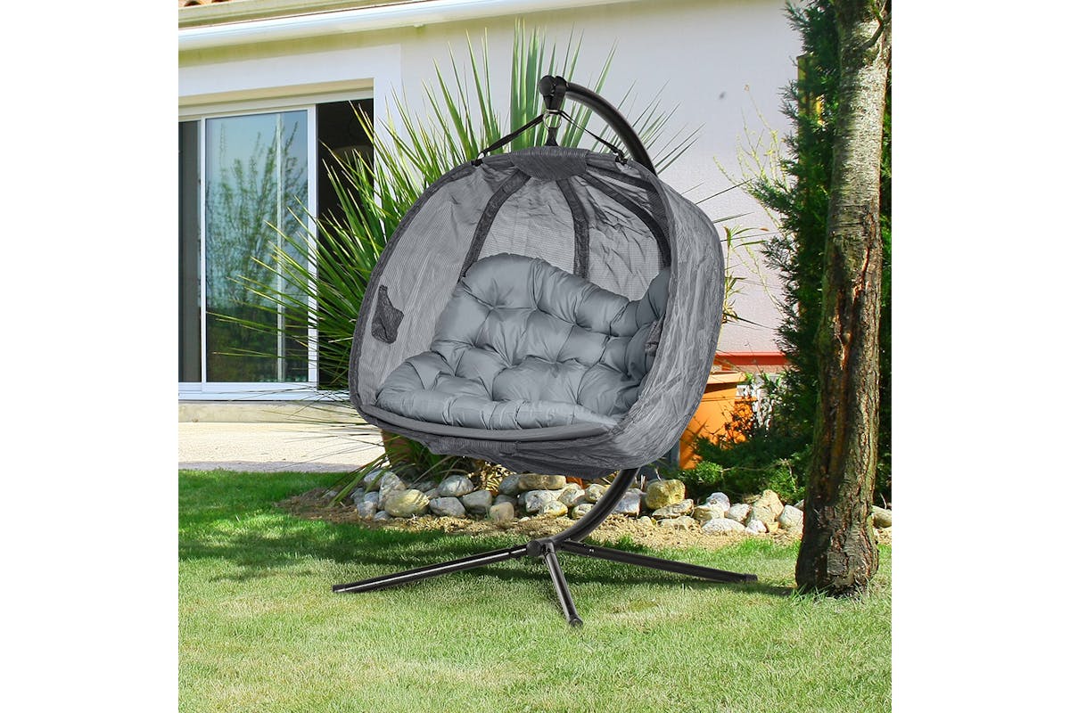 Outsunny 2 Seaters Hanging Egg Chair with Cushion | Black/Grey-2