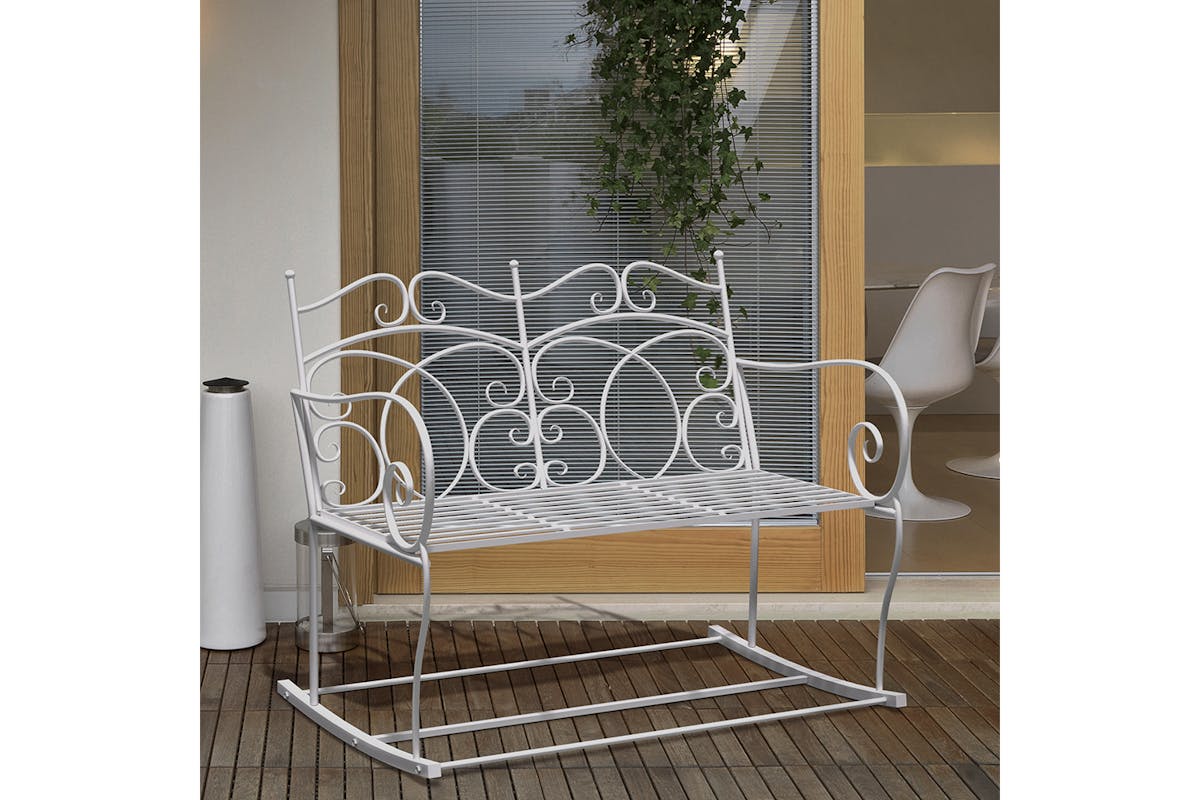 Outsunny 2-Seater Iron Rocking Chair | Milk White-2