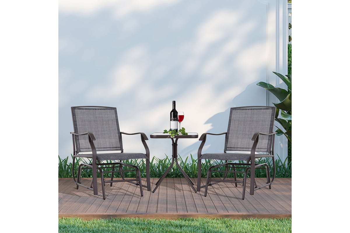Outsunny Rocking Glider Chair Set with Glass Top Table | Brown/Grey-2