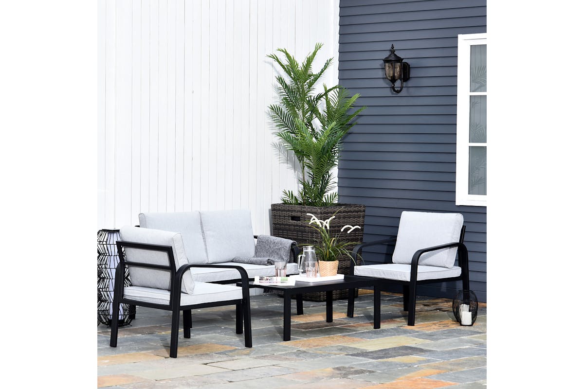 Outsunny Garden Dining Set Glass Top Table with Cushions | Grey | Set of 4-2