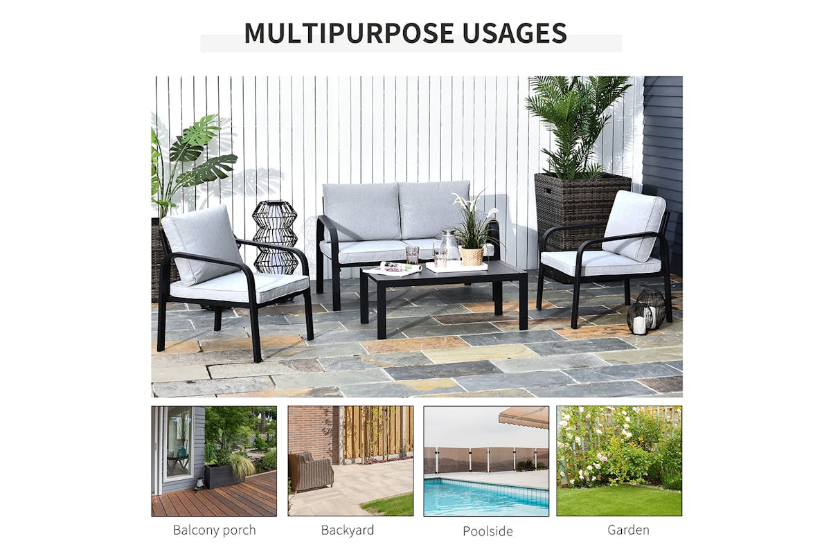 Outsunny Garden Dining Set Glass Top Table with Cushions | Grey | Set of 4-3