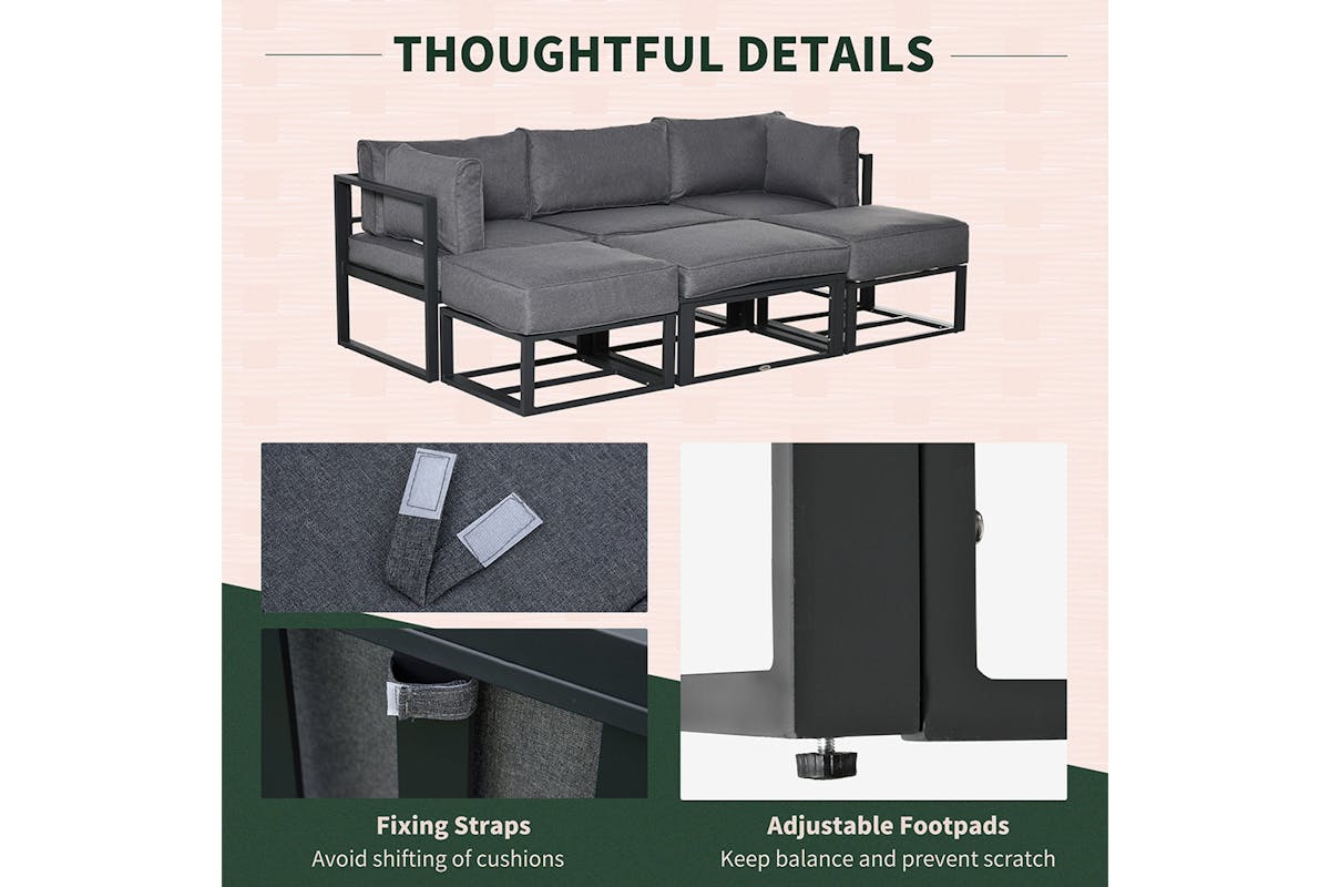 Outsunny Outdoor Sectional Sofa Set with Coffee Table and Cushions | 6 Pieces | Grey-7