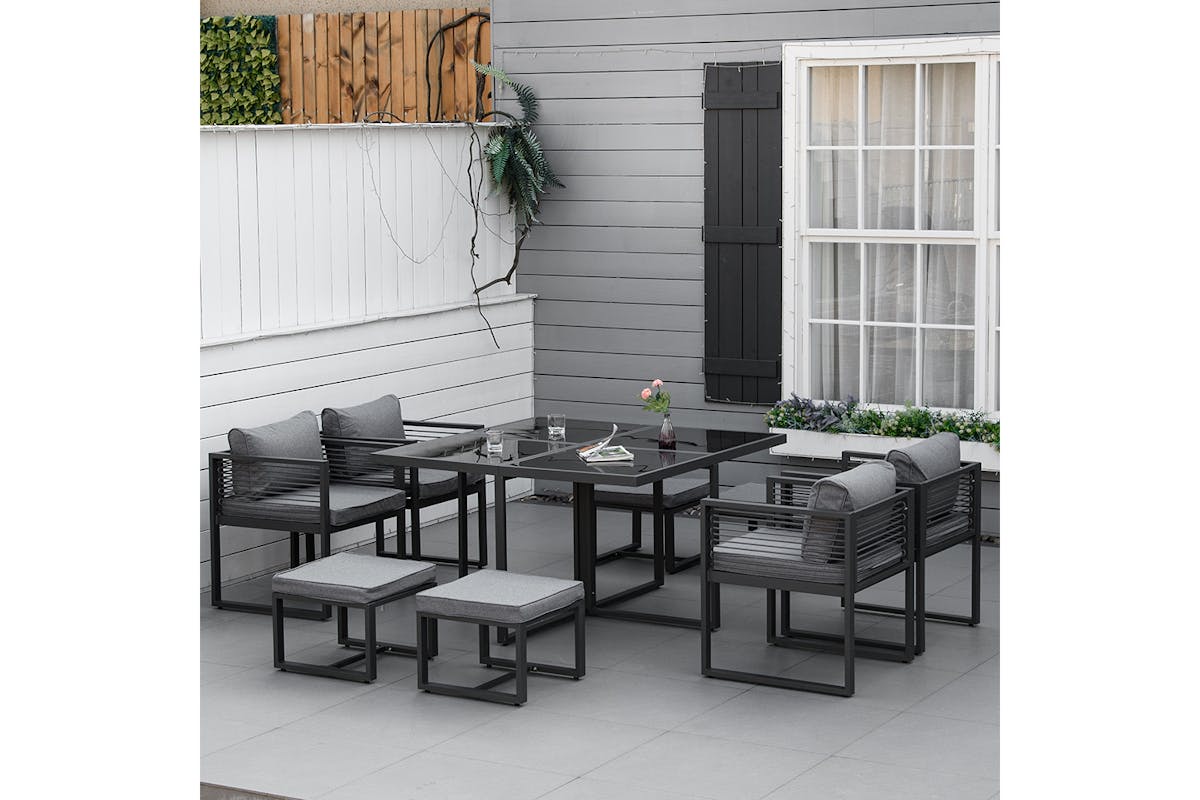Outsunny 8-Seater Dining Cube Set with Cushion Footstool | Grey-2