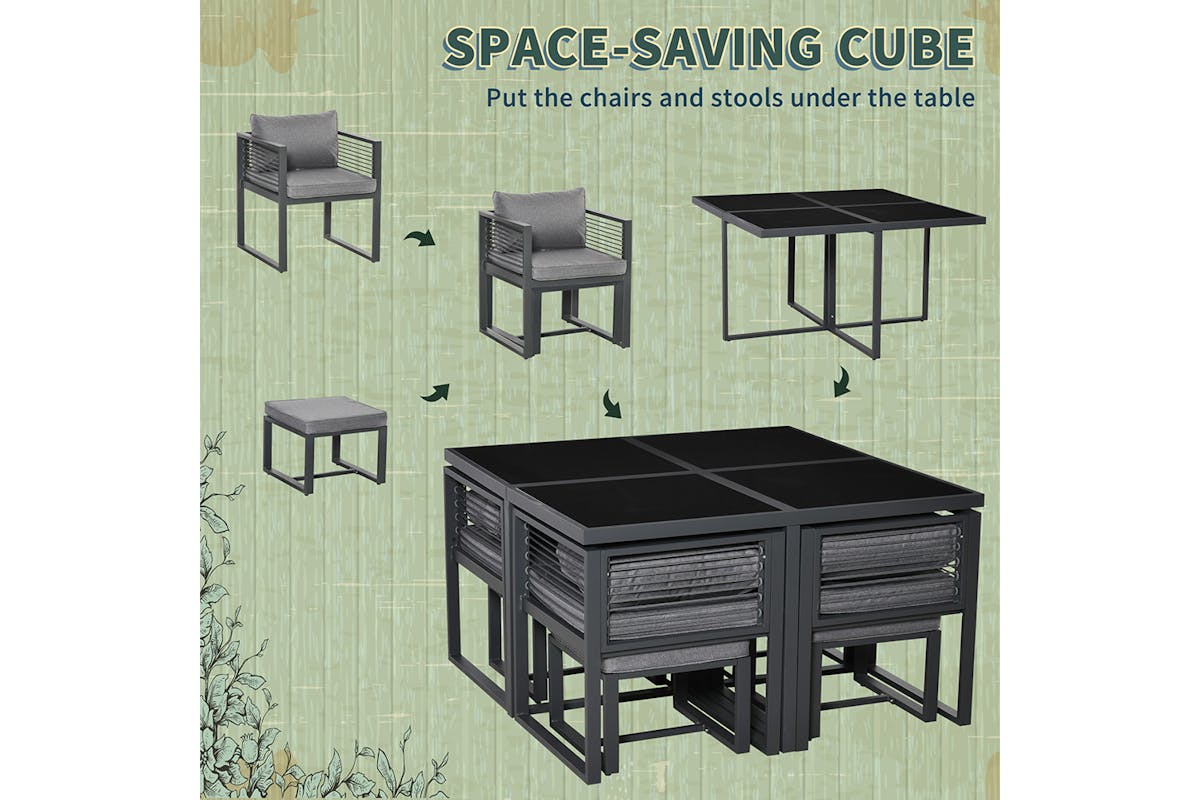 Outsunny 8-Seater Dining Cube Set with Cushion Footstool | Grey-3