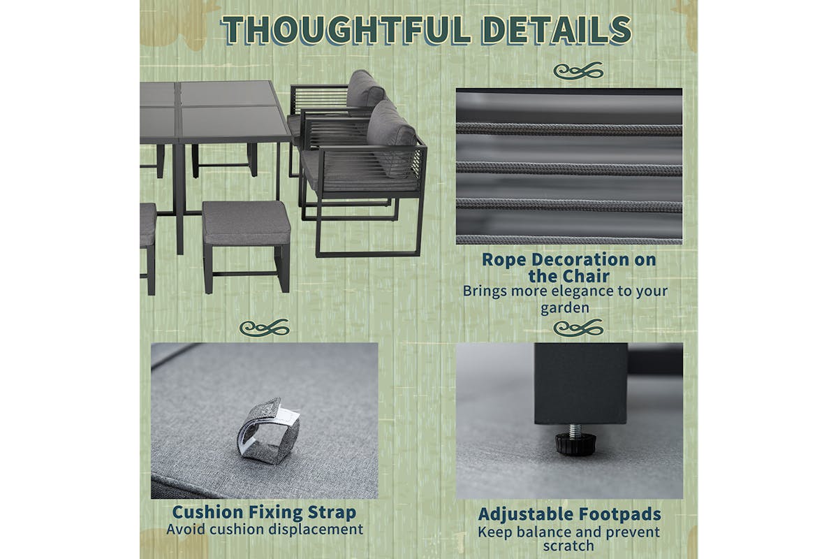 Outsunny 8-Seater Dining Cube Set with Cushion Footstool | Grey-7
