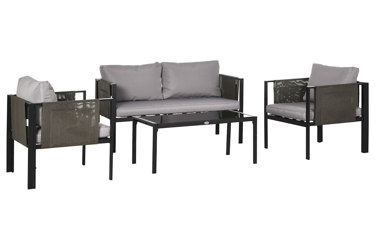 Outsunny Metal Garden Furniture Set with Glass Table & Cushions | Grey | 4 Pieces