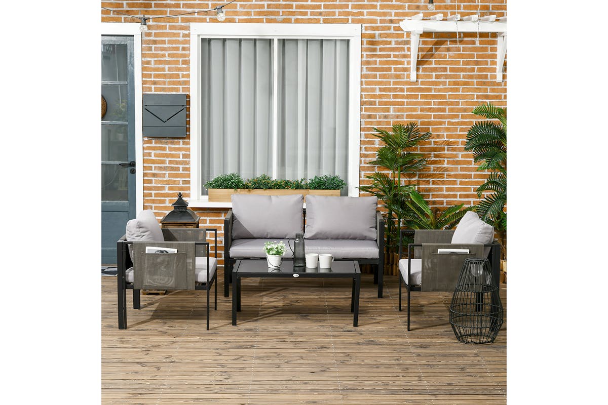 Outsunny Metal Garden Furniture Set with Glass Table & Cushions | Grey | 4 Pieces-2