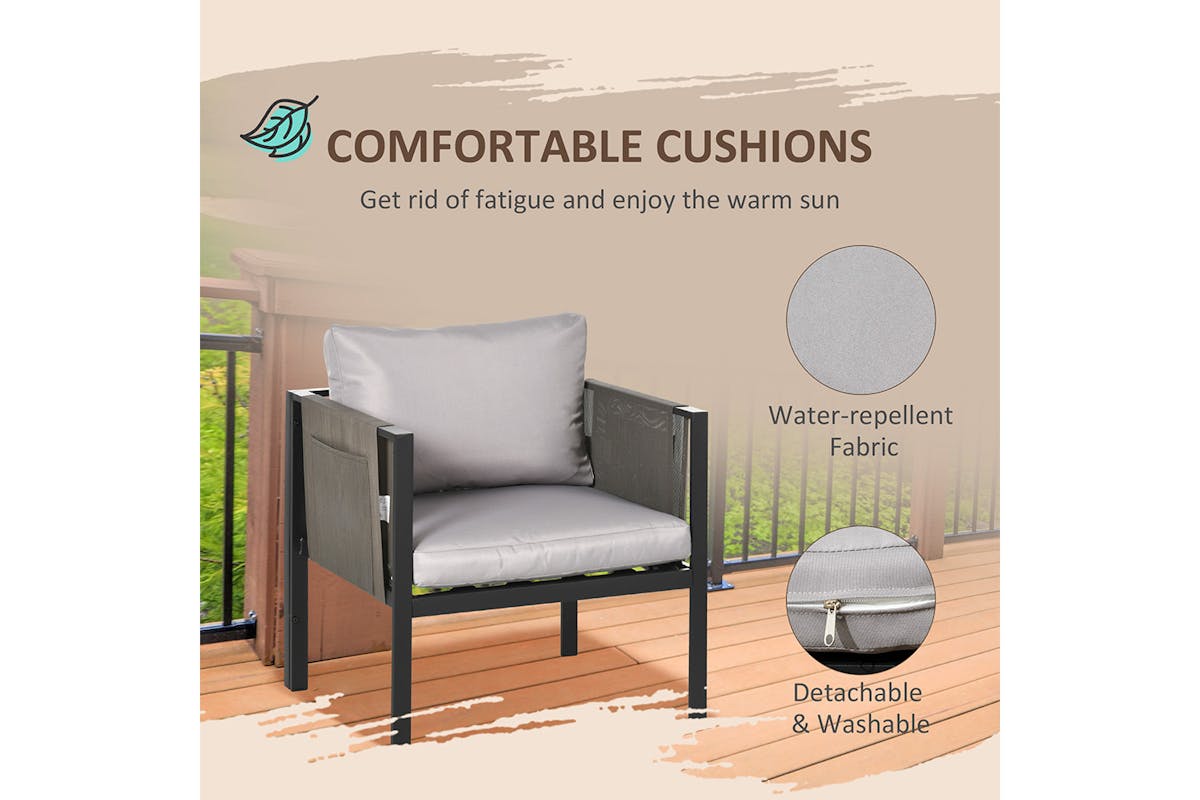 Outsunny Metal Garden Furniture Set with Glass Table & Cushions | Grey | 4 Pieces-5