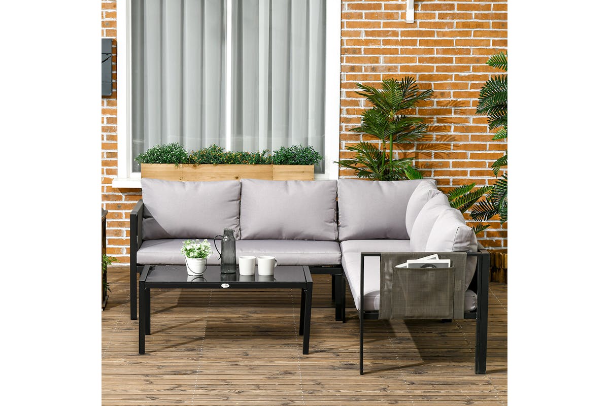 Outsunny Metal Garden Furniture Set with Glass Table & Mesh Pockets | 4 Pieces-2