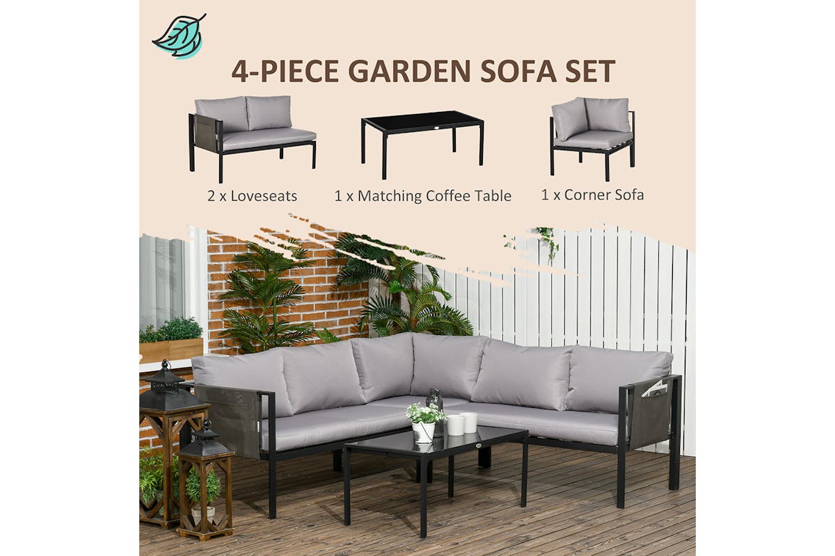 Outsunny Metal Garden Furniture Set with Glass Table & Mesh Pockets | 4 Pieces-3